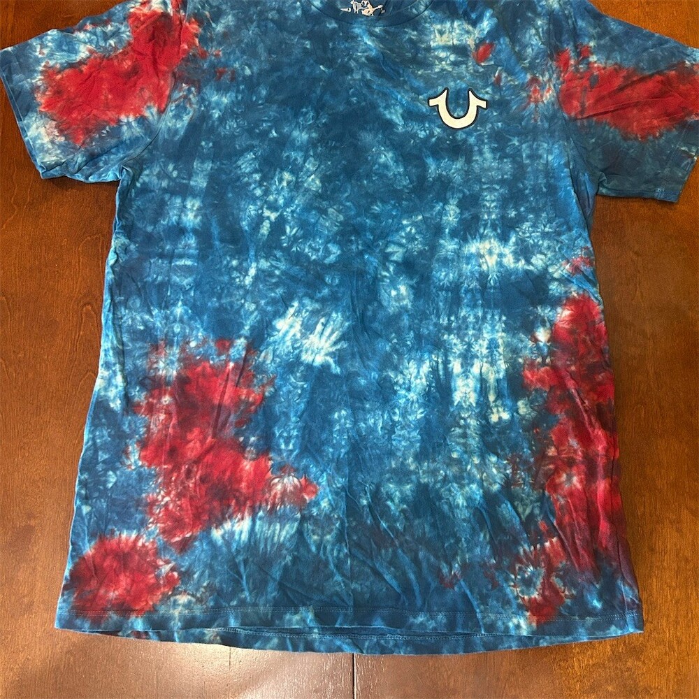 True Religion T-Shirt Mens L Blue Red Tie Dye World Tour Buddha Guitar
